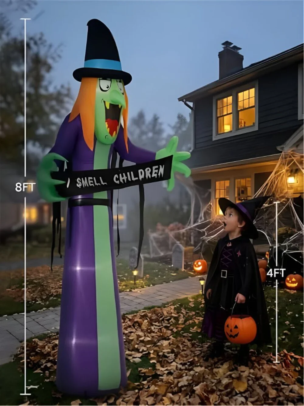 8FT Halloween Inflatable Witch Yard Decor, LED Blow Up Outdoor